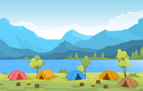 Camping Aventure Parc Plein Air Lac Nature Paysage Dessin Animé — Image vectorielle