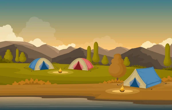 Aventura Camping Parque Livre Montanha Natureza Paisagem Cartoon Ilustração — Vetor de Stock