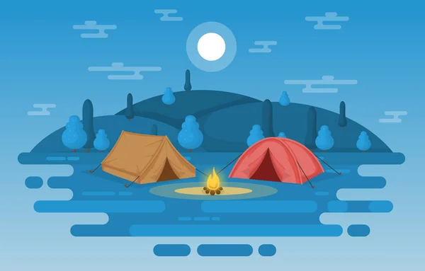 Aventura Camping Parque Livre Montanha Natureza Paisagem Cartoon Ilustração — Vetor de Stock