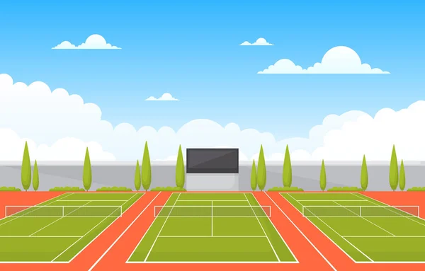 Venkovní Tenisový Kurt Sportovní Hra Rekreace Kreslený Příroda Krajina — Stockový vektor