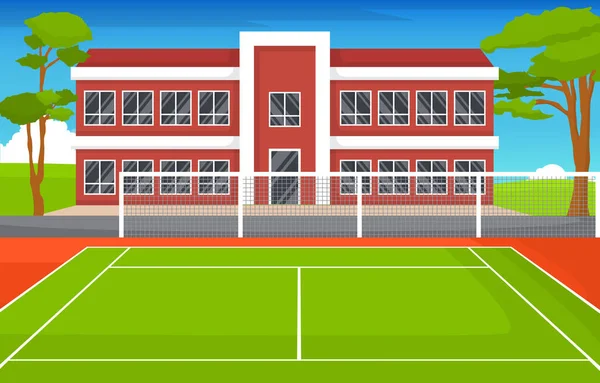 Outdoor Tennisbaan Sport Spel Recreatie Cartoon School Hotel Landschap — Stockvector