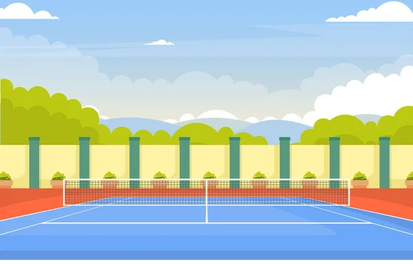 Outdoor Tennisplatz Sport Spiel Freizeit Cartoon Natur Landschaft — Stockvektor