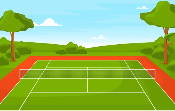 Outdoor Tennisbaan Sport Spel Recreatie Tekenfilm Natuurlandschap — Stockvector