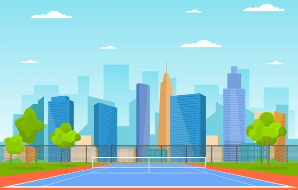 Outdoor Tennisplatz Sport Spiel Freizeit Cartoon Stadtlandschaft — Stockvektor