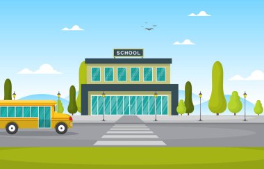 Okul Eğitim Kurma Otobüsü Açık Hava Manzarası Çizgi Filmi Çizimi
