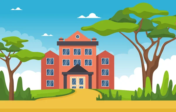 School Education Building Park Outdoor Landscape Cartoon Illustration — 스톡 벡터