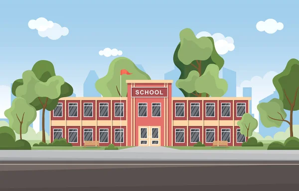 School Education Building Street Outdoor Landscape Cartoon Illustration — Stock Vector
