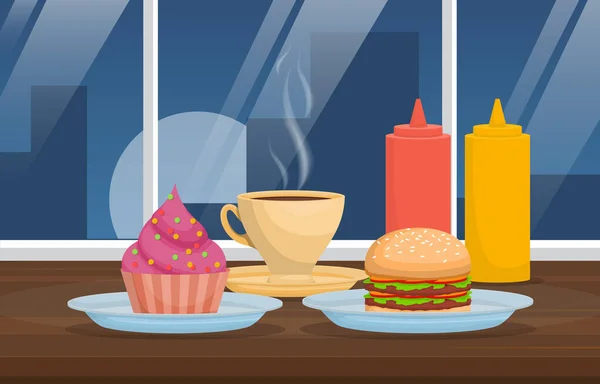 Snack Auf Tisch Cafe Restaurant City Wolkenkratzer Ansicht Illustration — Stockvektor