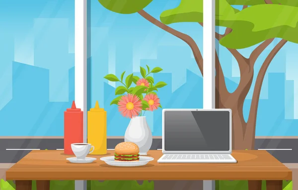 Snack Table Cafe Restaurant City Skyscraper View Illustration — 스톡 벡터