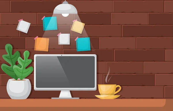 Computer Tasse Kaffee Auf Werkbank Büro Arbeitstisch Illustration — Stockvektor