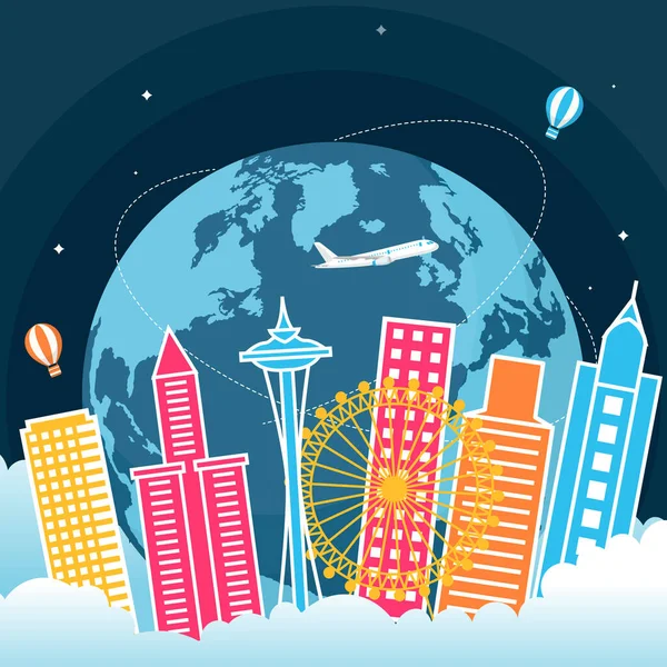 Seattle City Washington Amerikai Egyesült Államok Travel World Tourism Day — Stock Vector