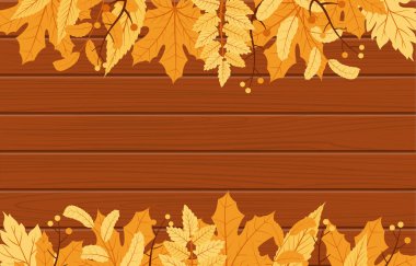 Sonbahar Mevsimi Yaprak Kutlama Kartı Ahşap Arkaplan Buketi