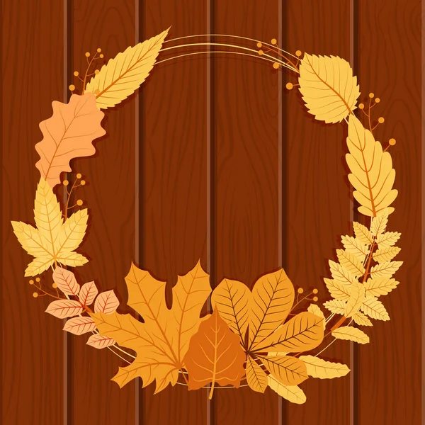 秋の紅葉グリーティング招待状サークルウッド背景ブーケ — ストックベクタ