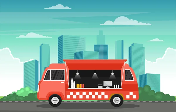 Food Truck Van Auto Fahrzeug Street Shop City Illustration — Stockvektor