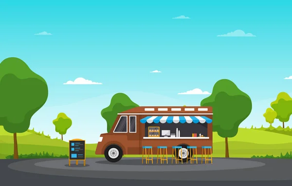 Food Truck Van Car Vehicle Street Shop Park Illustration — Stockvektor