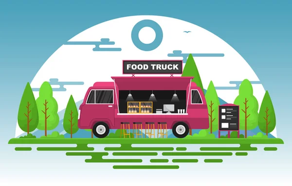 Food Truck Van Car Vehicle Street Shop Park Illustration — Stockvektor