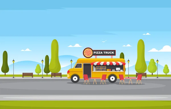 Pizza Fast Food Truck Lieferwagen Fahrzeug Straßengeschäft Illustration — Stockvektor