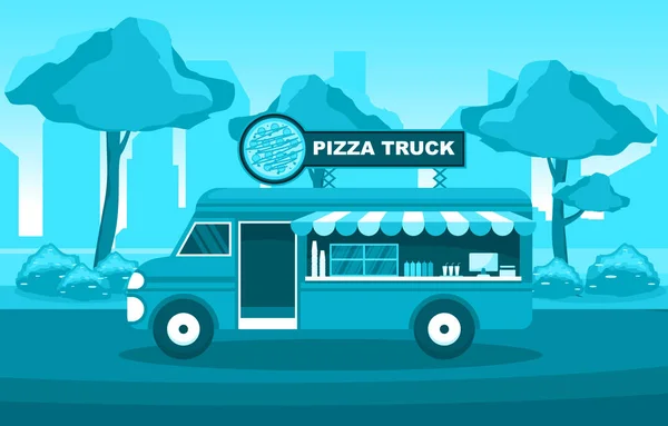 Pizza Fast Food Truck Lieferwagen Fahrzeug Straßengeschäft Illustration — Stockvektor