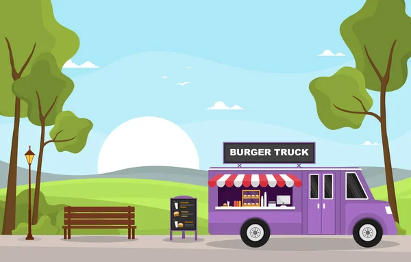 Burger Fast Food Truck Van Car Vehicle Street Shop Illustration — Stockvektor