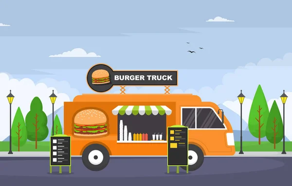 Burger Fast Food Truck Van Car Vehicle Street Shop Illustration — Stockvektor