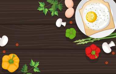 Yumurta Ekmek Sebzeleri Ahşap Masa Mutfağı Arkaplan Çizimi