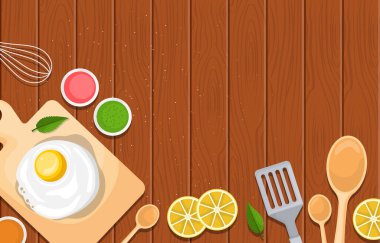 Ahşap Masa Mutfağı Arkaplanındaki Yumurta Utensil Çizimi