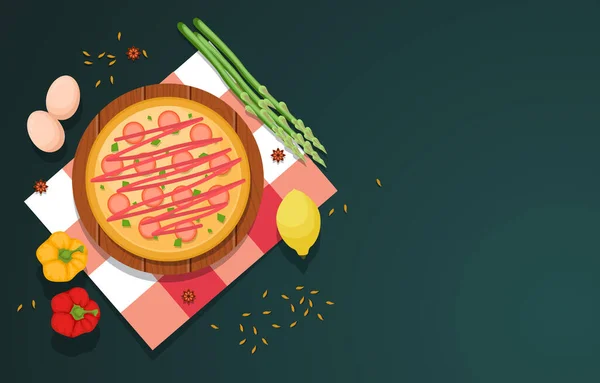 Eieren Pizza Groenten Kooktafel Keuken Achtergrond Illustratie — Stockvector