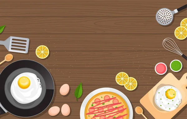 Eieren Pizza Koken Houten Tafel Keuken Achtergrond Illustratie — Stockvector