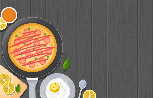 Eieren Pizza Koken Houten Tafel Keuken Achtergrond Illustratie — Stockvector