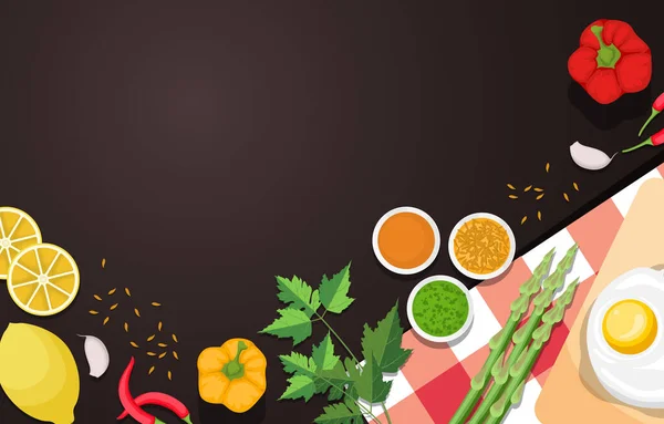 Huevo Limón Verduras Mesa Cocina Fondo Cocina Ilustración — Vector de stock