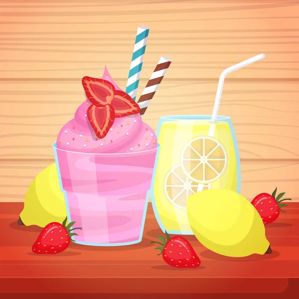 Ice Cream Lemon Juice Drink Photography Tasty Menu Table Illustration - Stok Vektor