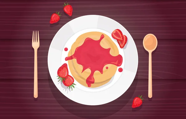 Pancake Strawberry Jam Σιρόπι Φωτογραφία Τροφίμων Νόστιμο Μενού Στο Τραπέζι — Διανυσματικό Αρχείο