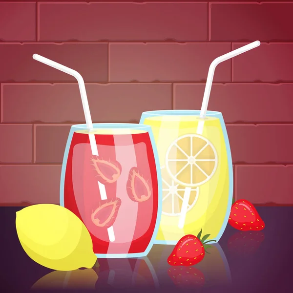 Bebida Jugo Limón Fresa Fotografía Sabroso Menú Ilustración Tabla — Vector de stock