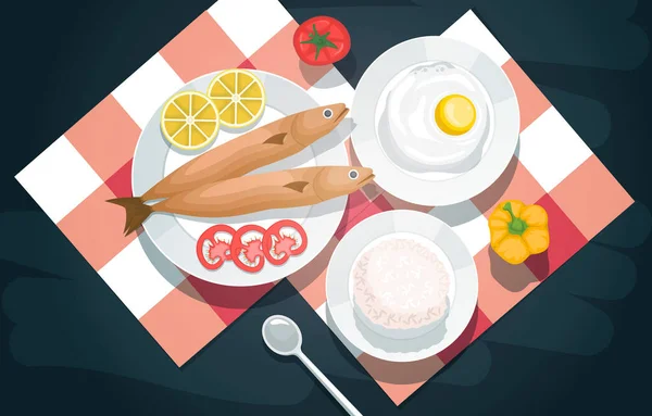 Fish Rice Food Photography Heerlijk Smakelijk Menu Tafel Illustratie — Stockvector