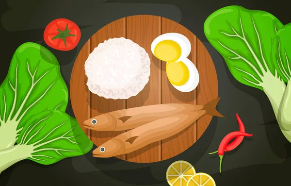 Fish Rice Food Photography Heerlijk Smakelijk Menu Tafel Illustratie — Stockvector