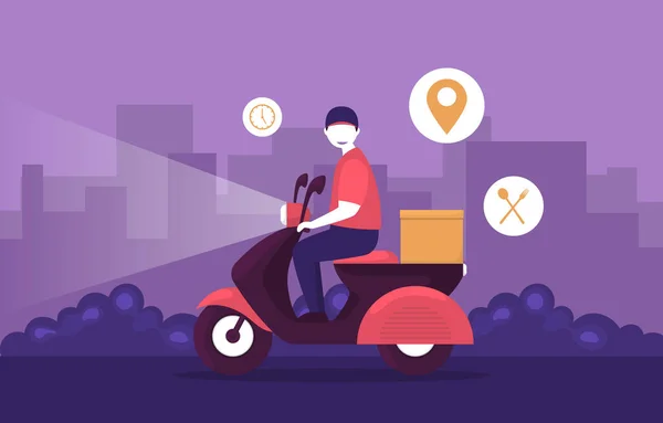 Man Riding Scooter Motocicleta Serviço Entrega Expressa Food Shipping — Vetor de Stock