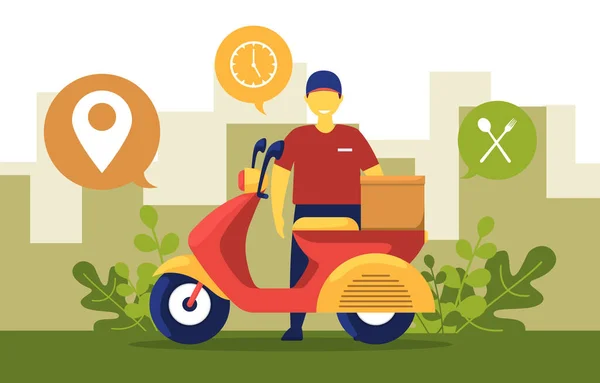 Man Scooter Motocicleta Serviço Entrega Expressa Ilustração Transporte Alimentos — Vetor de Stock