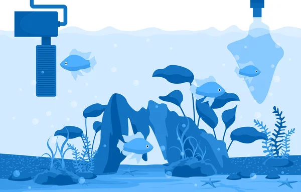 Hermoso Acuario Peces Arrecife Azul Agua Planta Ilustración — Vector de stock