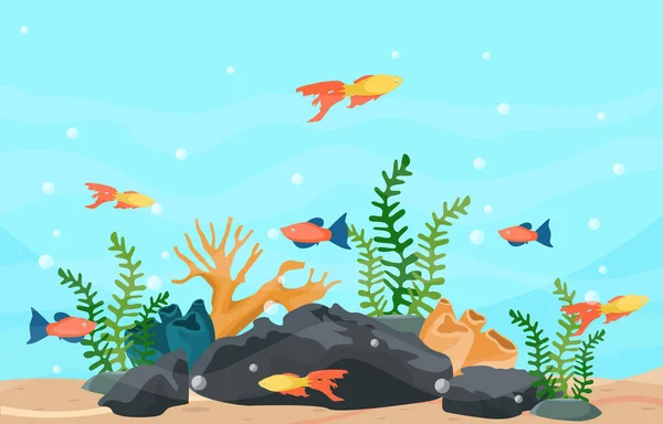 Bela Ilustração Plantas Água Recife Colorido Peixes Aquário —  Vetores de Stock