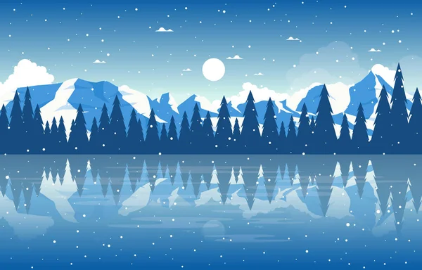 Winter Snow Pine Mountain Lake Snowfall Nature Landscape Illustration — Stock Vector