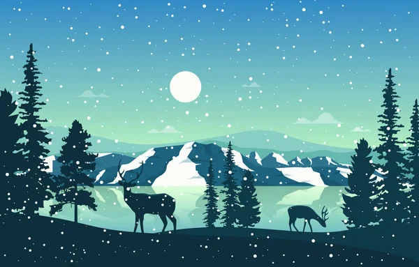 Zimní Snow Pine Mountain Lake Jelení Příroda Ilustrace — Stockový vektor