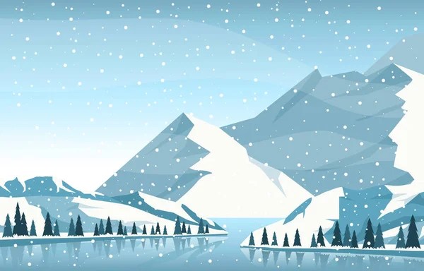Winter Schnee Kiefer Berg Fluss Schneefall Natur Landschaft Illustration — Stockvektor
