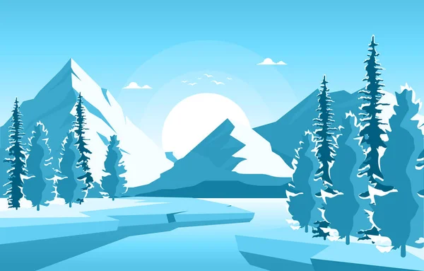 Zimní Snow Pine Mountain Zmrazené Jezero Příroda Krajina Ilustrace — Stockový vektor