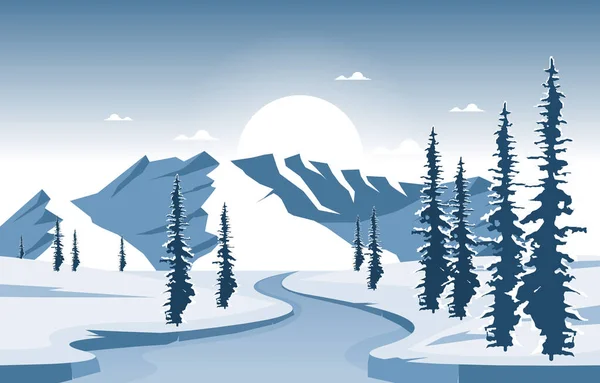 Winter Snow Pine Mountain Frozen River Nature Landscape Illustration — стоковий вектор