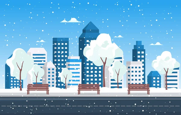 Vinter Snö Träd Snöfall City Building Landskap Illustration — Stock vektor