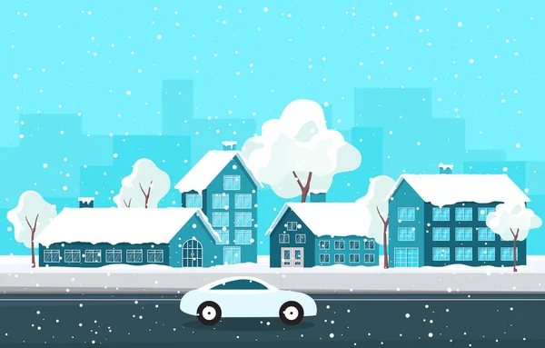 Winter Snow Tree Snowfall City House Landscape Illustration — Stock Vector