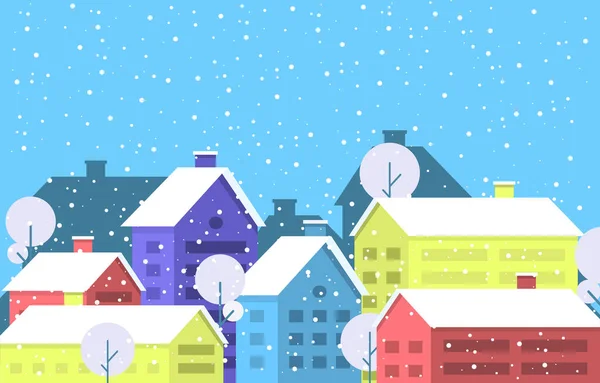 Árbol Nieve Invierno Snowfall City House Paisaje Ilustración — Vector de stock