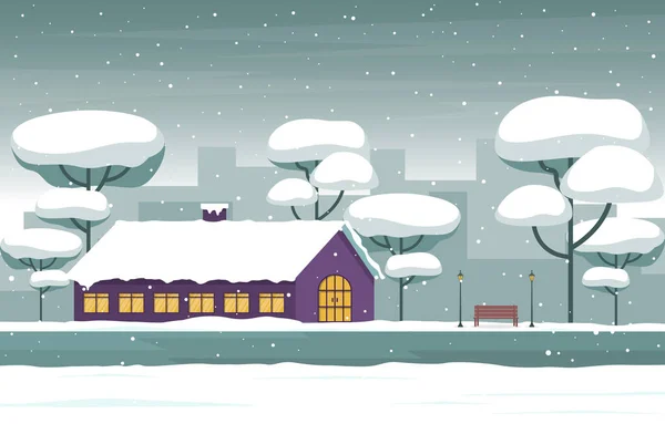 Зимнее Снежное Дерево Снегопад Городской Дом Пейзаж Иллюстрация — стоковый вектор