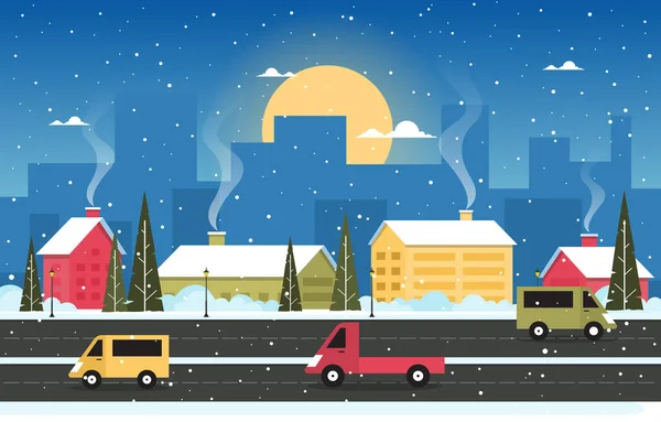 Inverno Neve Pino Neve Città Casa Paesaggio Illustrazione — Vettoriale Stock