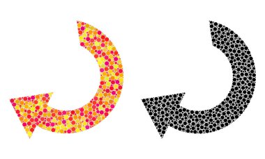 Noktalı döndürme mozaik simgeler. Renkli ve siyah sürümlerinde vektör döndürme sembollerin. Kolajlar rasgele daire elemanları. Düzensiz yuvarlak unsurdan oluşan döndürme simgelerin vektör kolajlar.